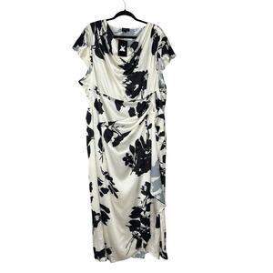 NWT XPlus Wear Maxi Dress Faux Wrap Satin Abstract Cowl Neck Ivory Black Sz 3XL